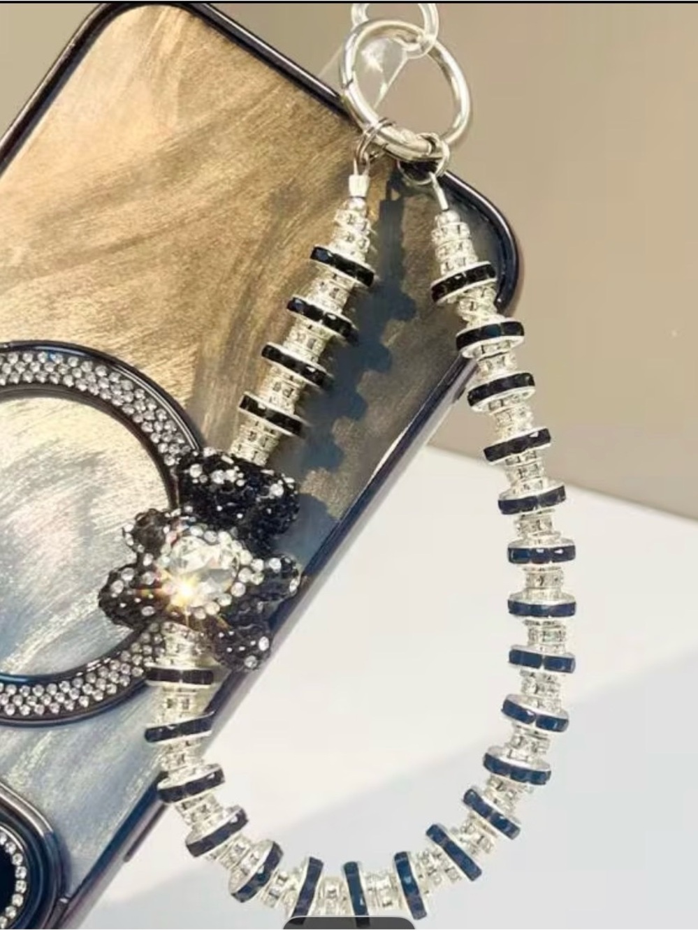 Black Crystal Beaded Bracelet Wristlet - Unbranded